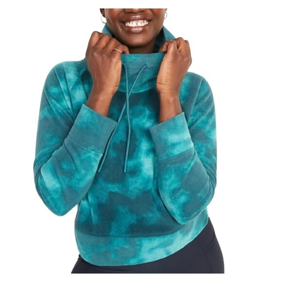 Old Navy Funnel-Neck Cropped Microfleece Sweatshirt White Teal Tie Dye Sz XXL - Picture 1 of 10